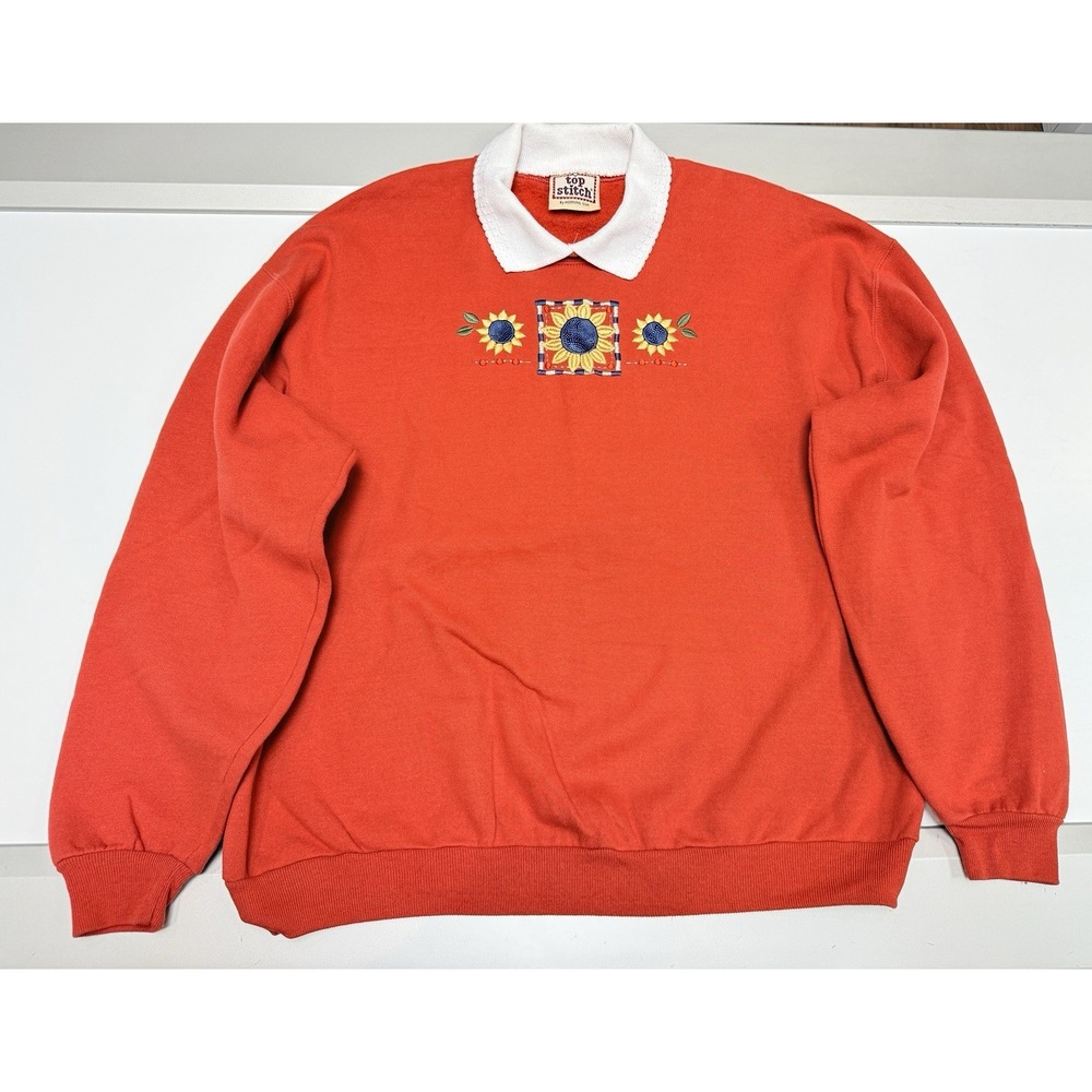 Top Stitch Vintage Grandmacore Collared Sweatshirt 2XL Embroidered Sunflower Red